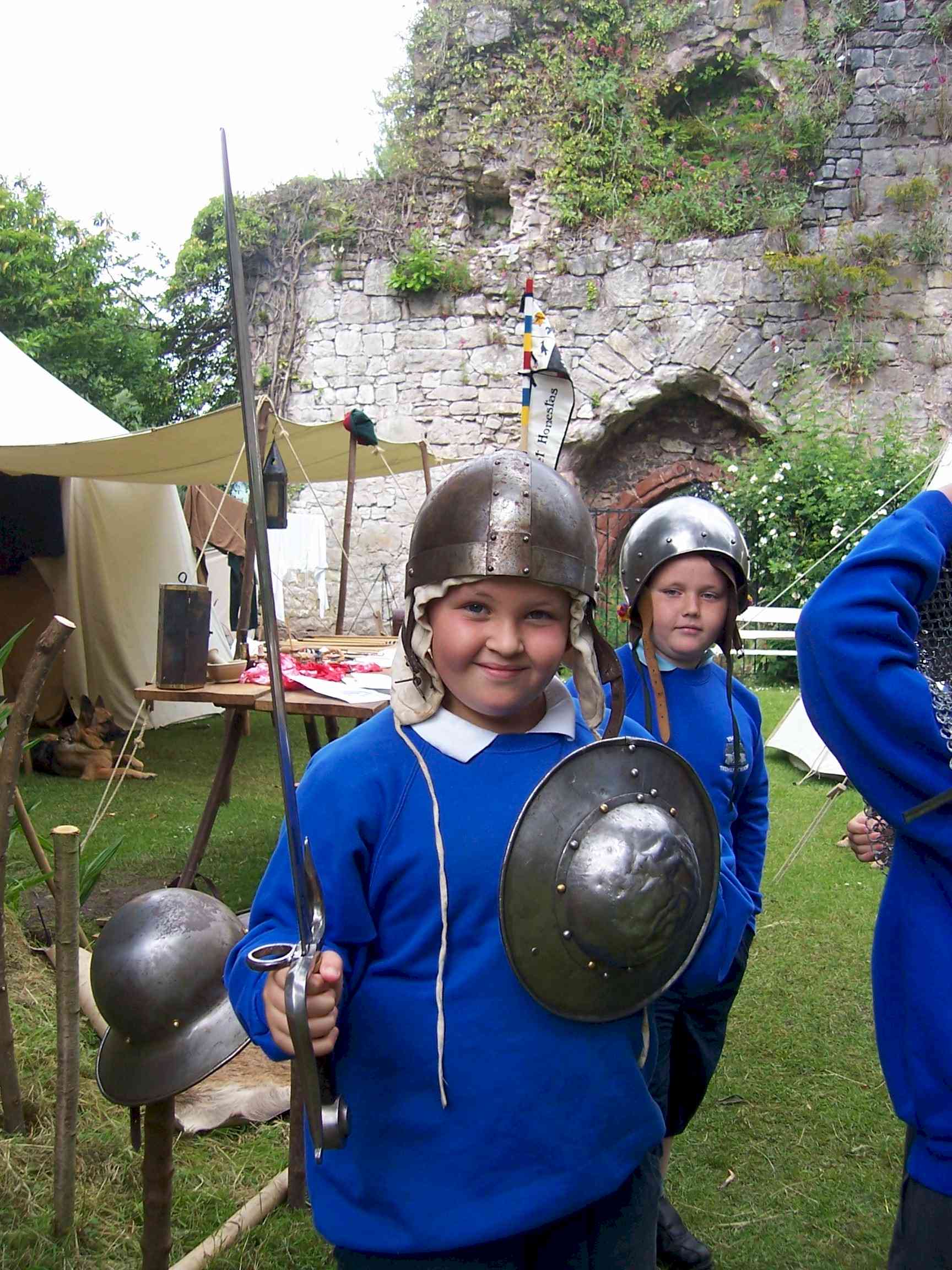 Year 6 pupil with sword and buckler.